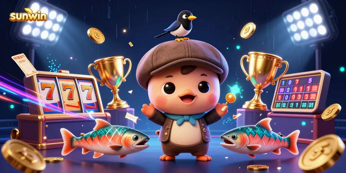 Play and win at Sunwin with a vibrant 3D illustration of gaming fun and excitement.