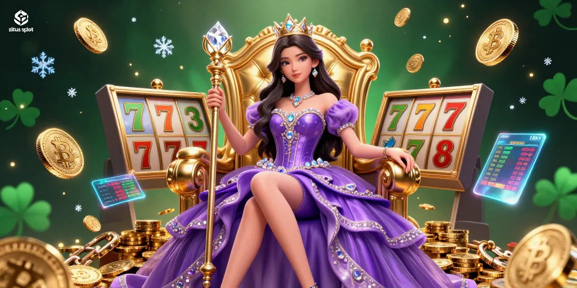 Experience situs slot excitement with beautiful Asian princess amidst vibrant slot reels and glowing crypto coins.