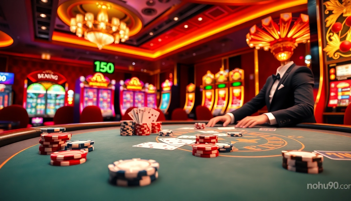 A dynamic poker table scene showcasing professional play at nohu90. com with luxurious elements and casino highlights.
