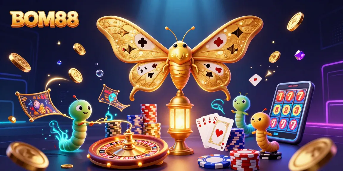 BOM88 players engaging with a vibrant scene of golden coins and gaming action amidst a stunning illustration.
