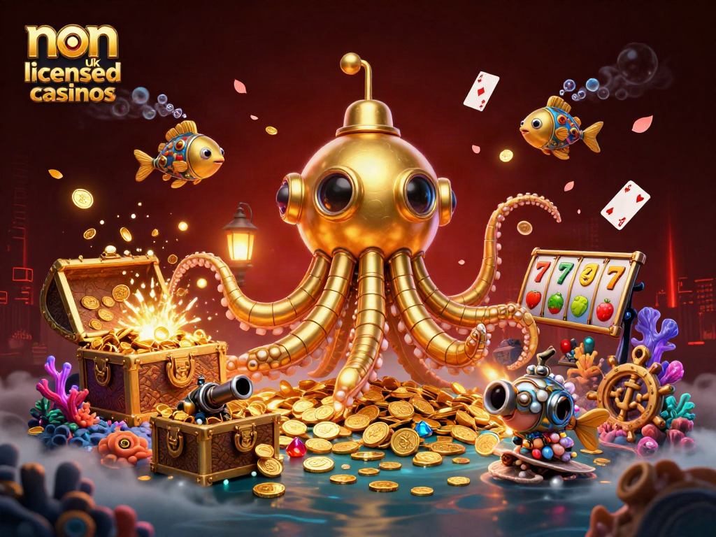 Embark on exciting adventures with non UK licensed casinos, featuring a golden kraken submarine and vibrant game elements.