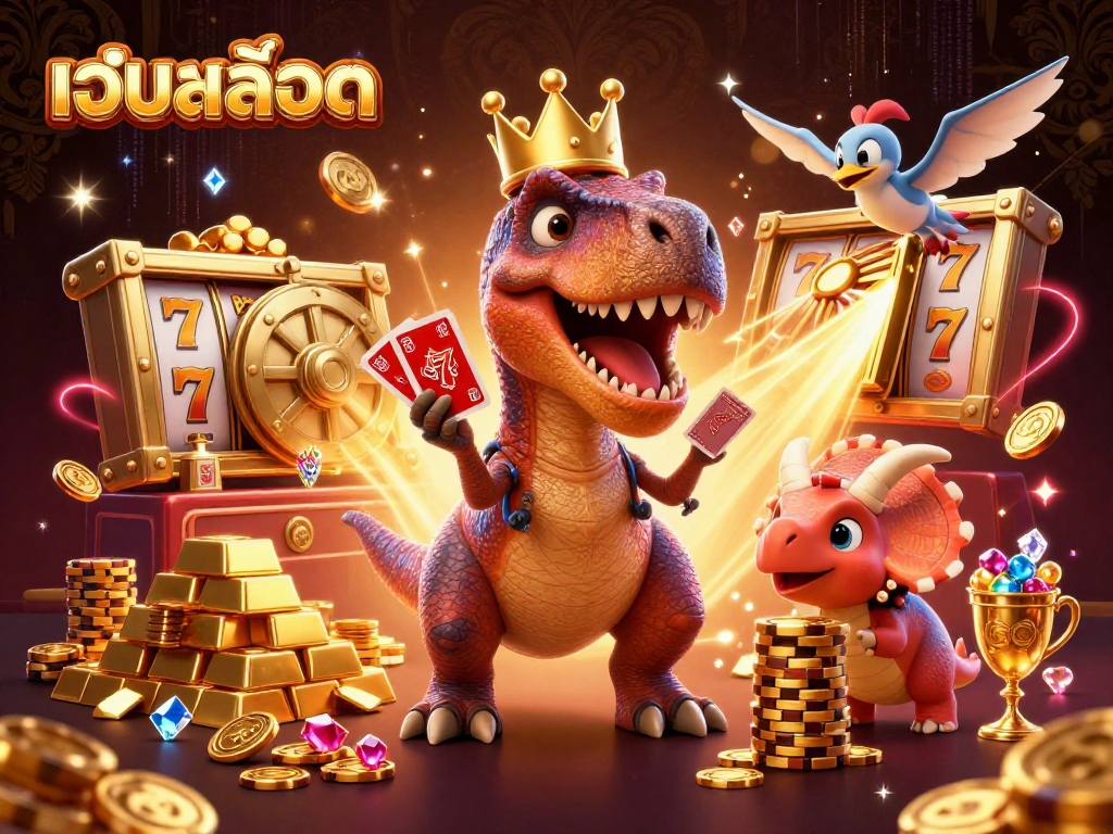 Engage with เว็บสล็อต as a T-Rex shuffles cards, a pterodactyl assists, and a triceratops stacks chips.