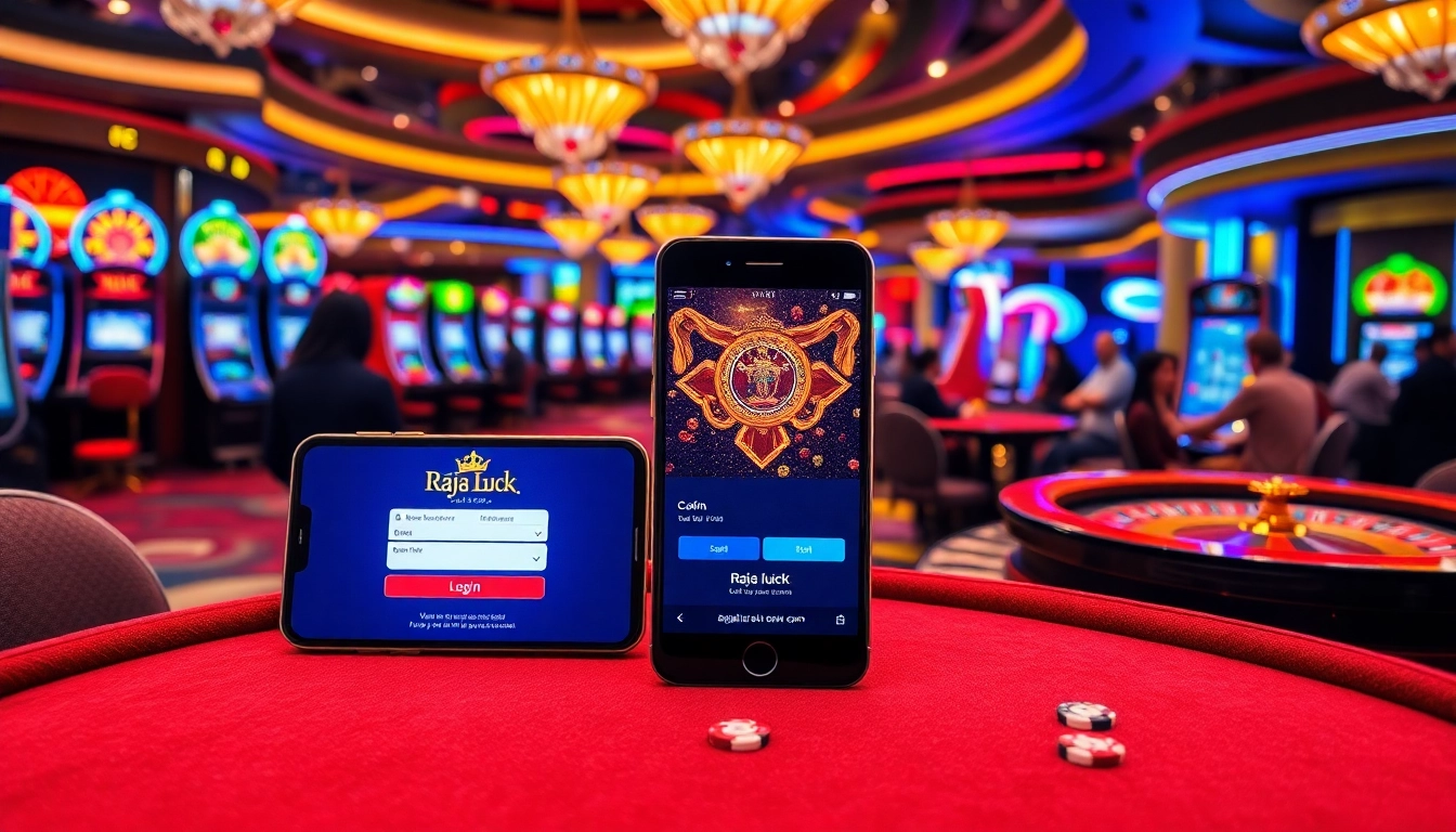 Raja luck login interface showcased on a luxurious casino smartphone amid an exciting gaming environment.
