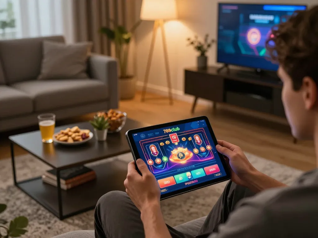 Enjoying a gaming session on 789club app in a cozy living room setting, engaging with colorful interface.