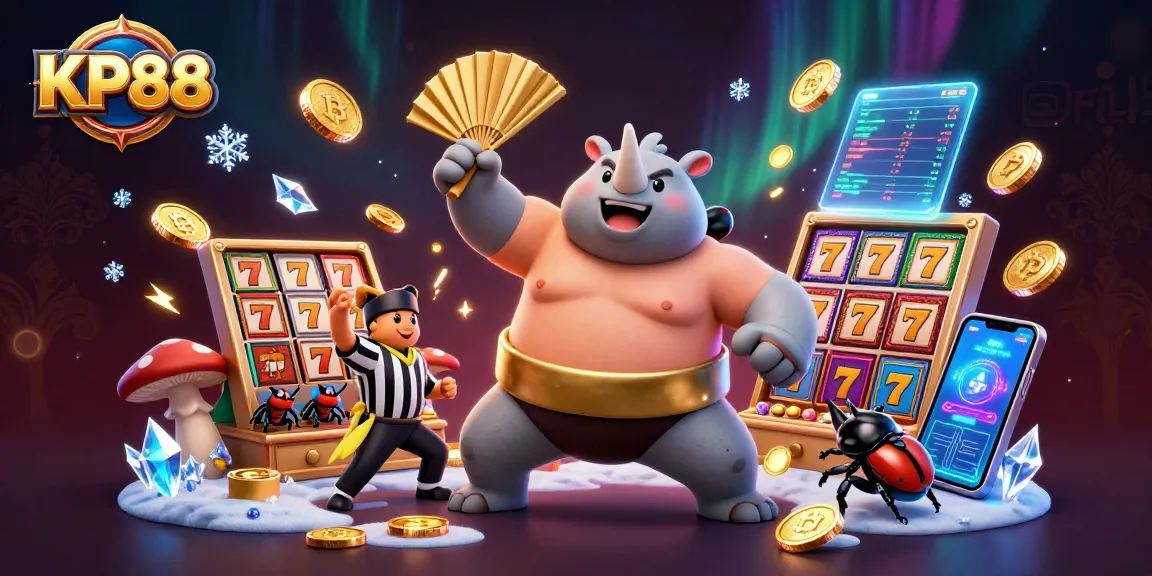 Experience thrilling slot action with KP88's vibrant casino scene featuring cartoon characters and gold coins.