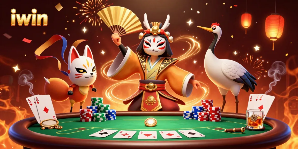 iwin players enjoy vibrant poker action with a kabuki warrior and kitsune mask, creating excitement.