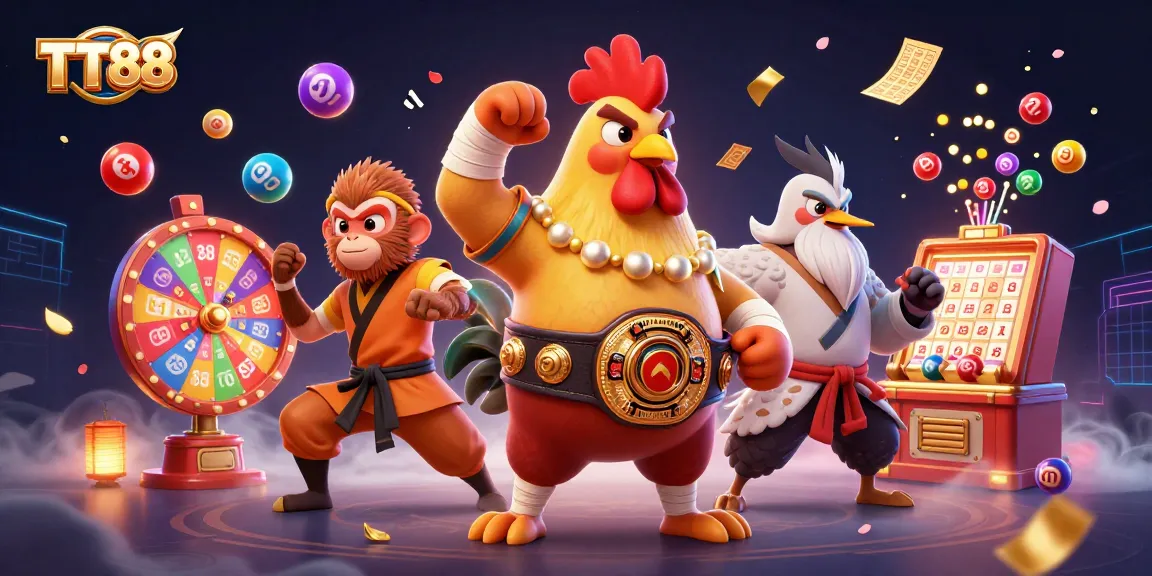 Engage with TT88's vibrant gaming world through a dynamic illustration of roosters and lucky lottery elements.
