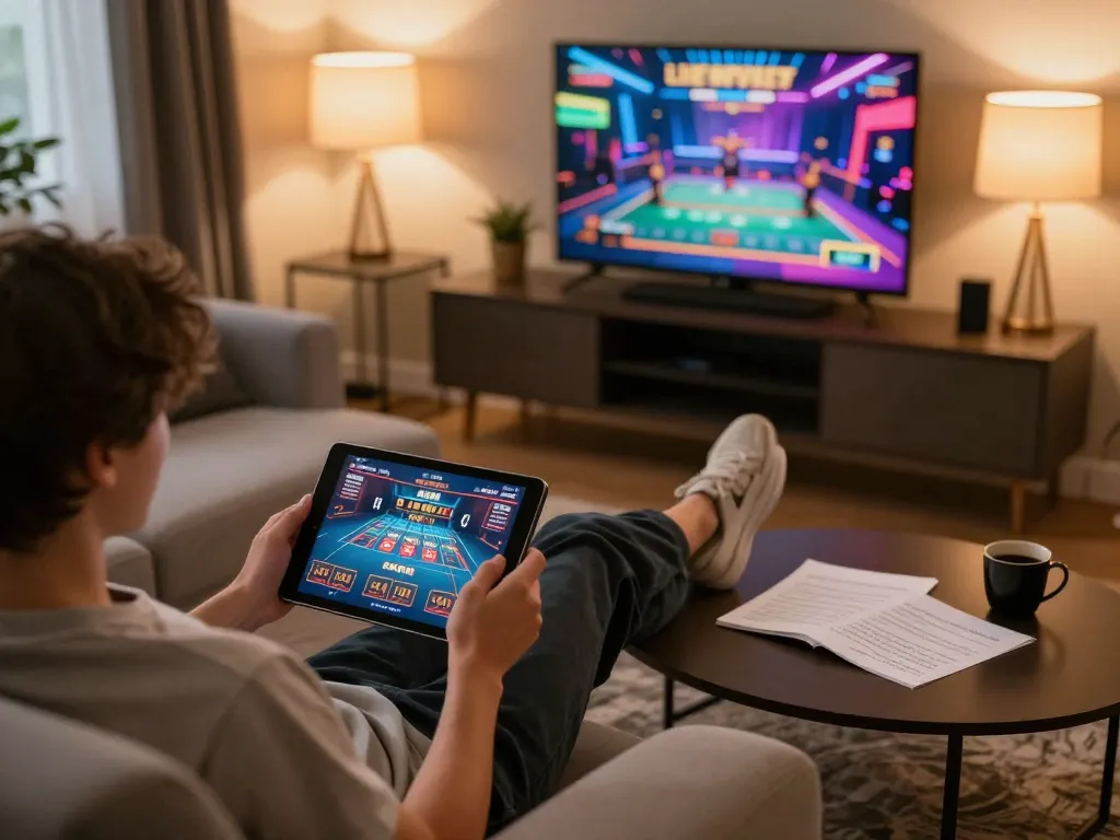 Engaging online gaming on a tablet from home, exploring kp88 trang chủ in a relaxed environment.