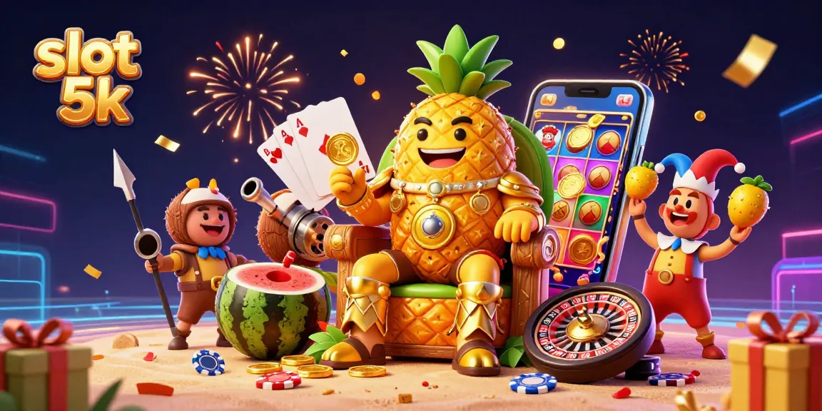Play vibrant slot 5k games with a golden pineapple king and festive casino elements.