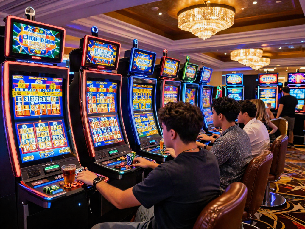 Exciting scene of friends enjoying toto slot games in a luxurious casino atmosphere.
