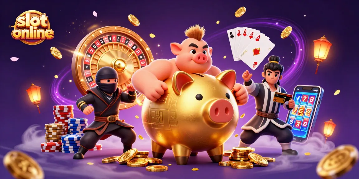Spin and win at slot online with a dynamic 3D scene featuring a golden piggy bank and casino elements.