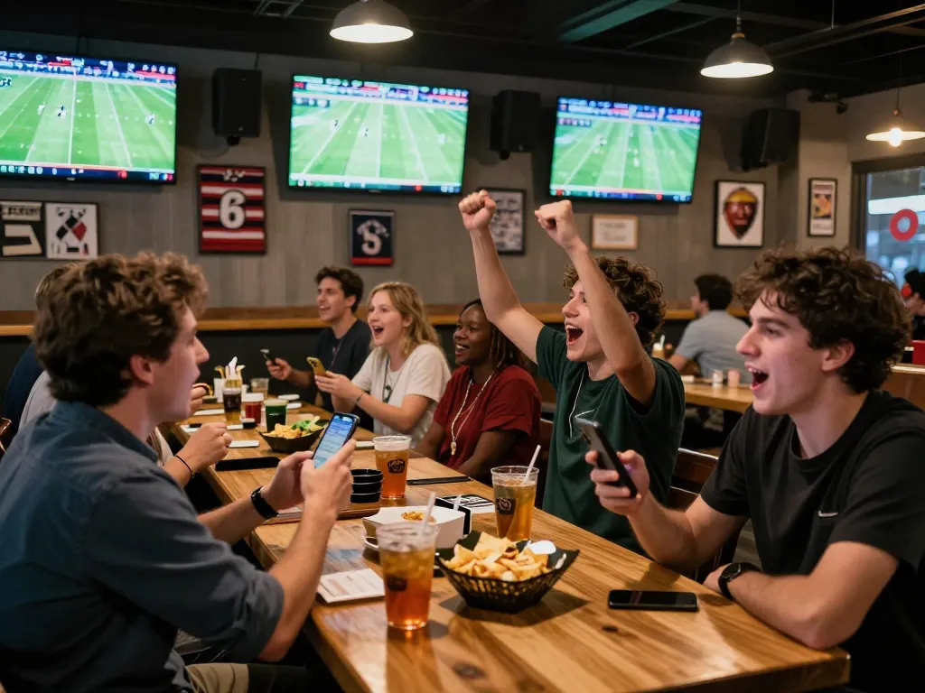 Exciting scene of patrons engaging in trực tiếp bóng đá hôm nay while cheering for their teams at a lively sports bar.