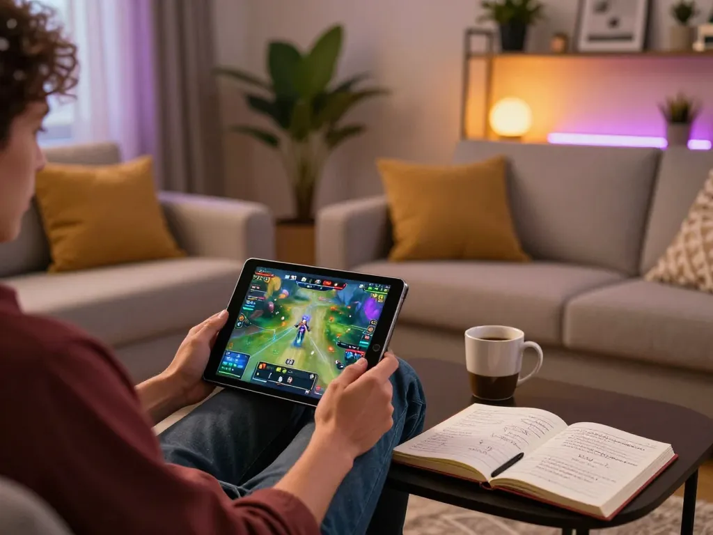The g28 game session in a cozy home setting, showcasing a player engaged on a tablet.