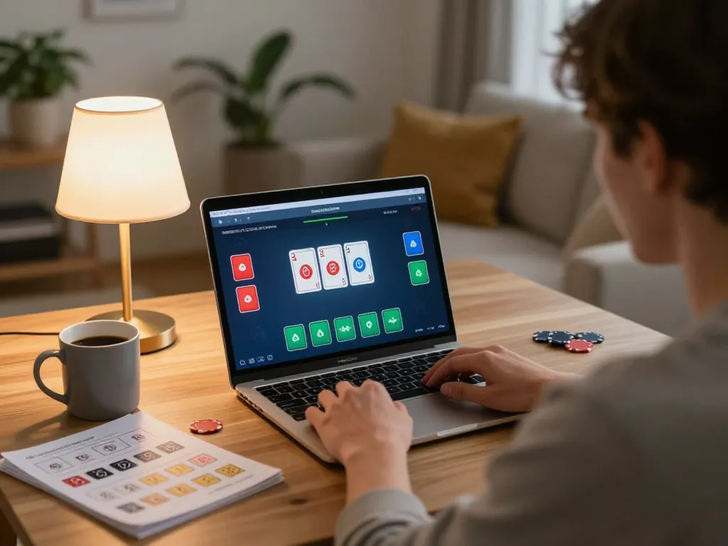 Engaging in online poker gaming with KJC, player focused on strategy and gameplay in a cozy home setting.