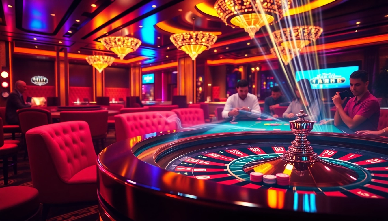 Players enjoying excitement at the Hit club casino, with a vibrant poker table and roulette wheel.
