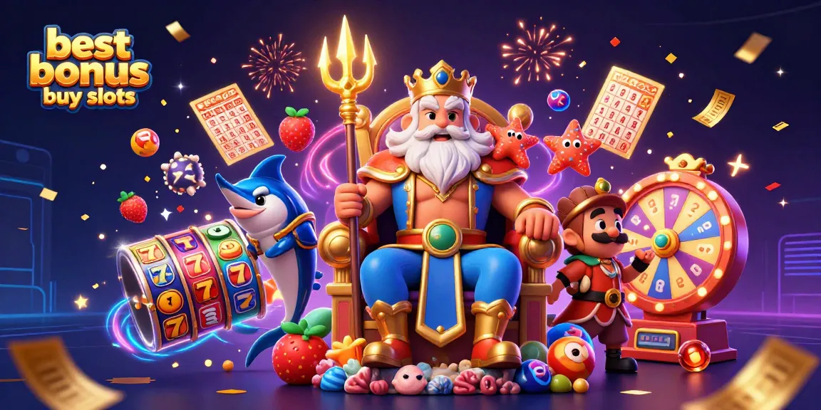 Experience the best bonus buy slots with a vibrant illustration of Neptune celebrating wins at a colorful casino.