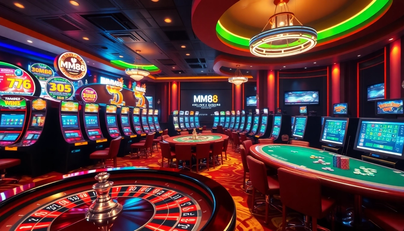 Engage with MM88's exciting online gambling experience featuring vibrant slot machines and poker tables.