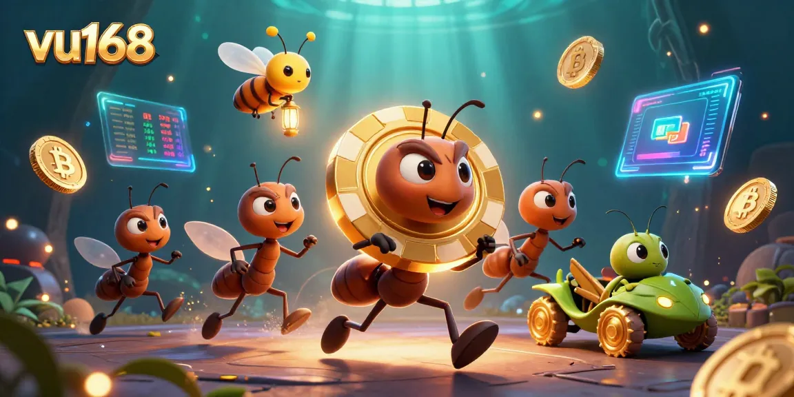 Experience the excitement of online gambling with vu168 as cartoon ants plot a heist for a massive poker chip.