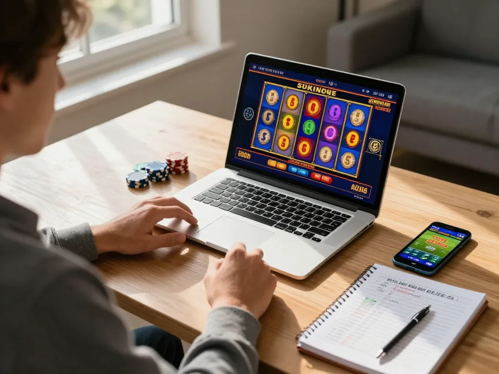 Engaging scene of online casino gaming with link fly88 visible on the screen, showcasing a welcoming home setup.