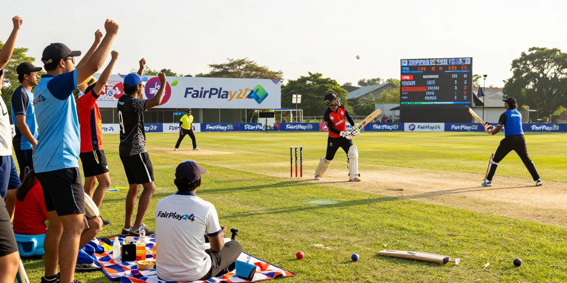 Friends cheering during a cricket match with Fairplay24 branding, showcasing outdoor sports excitement.