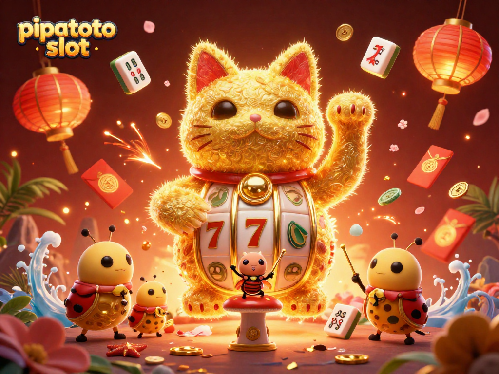 Engage with pipatoto slot through this vibrant 3D illustration showcasing a lucky cat and slot reels.