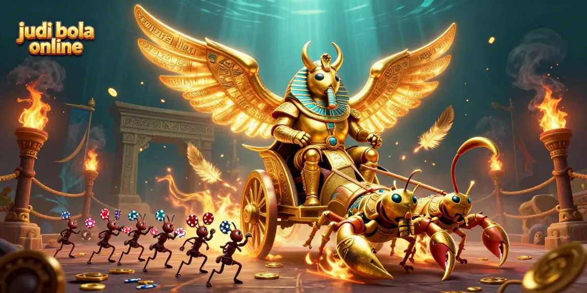Bet on judi bola online with dynamic action featuring golden scarabs and scorpions in a vibrant scene.