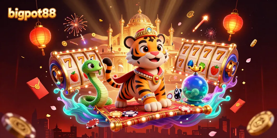 Engaging bigpot88 casino illustration with a flying carpet sultan, poker chips, and festive gaming elements.