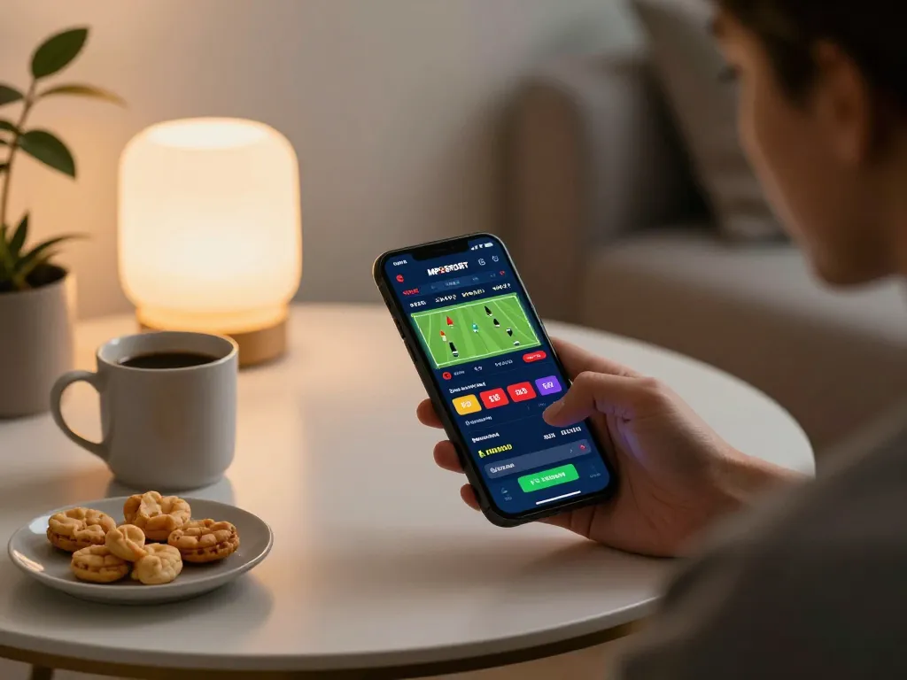 Placing bets on the MPOSPORT app for strategic sports betting at home.