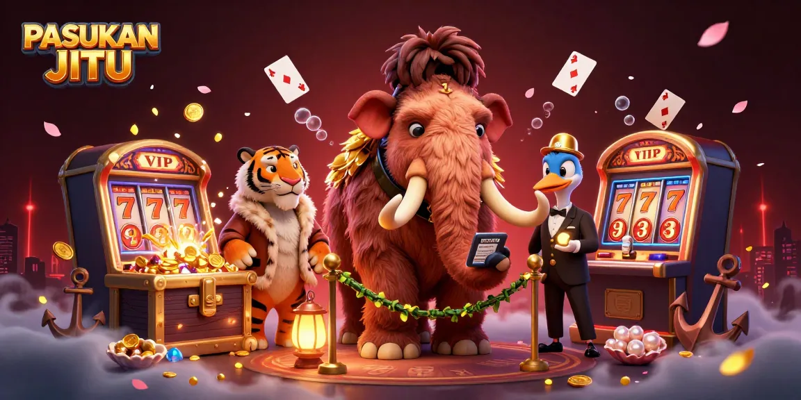 Engage with PASUKAN JITU at a lively casino scene featuring vibrant characters and thrilling gaming elements.