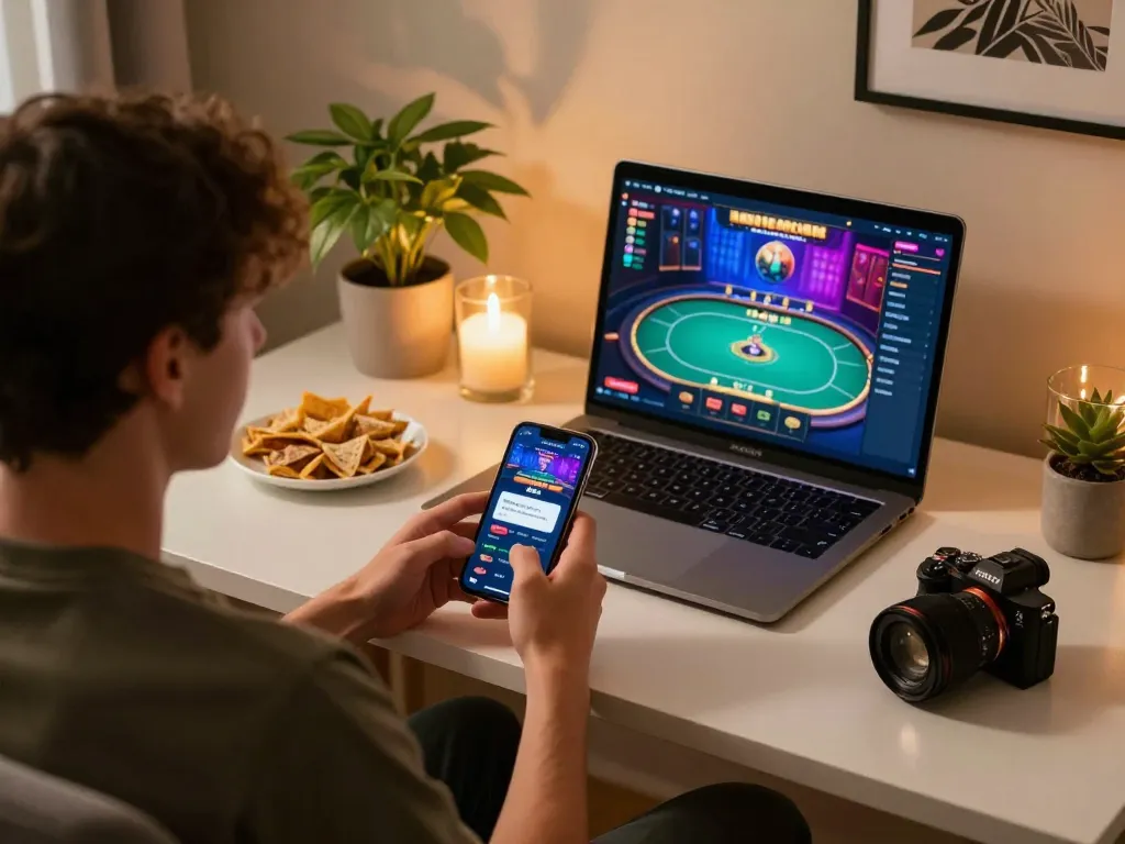 Player engaging with the king33 casino app on a smartphone in a cozy home environment