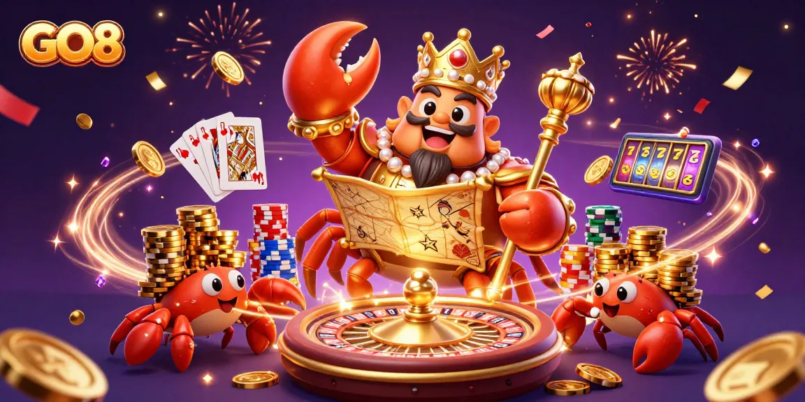 Experience thrilling gameplay with the GO8 crab emperor amidst vibrant casino treasures.