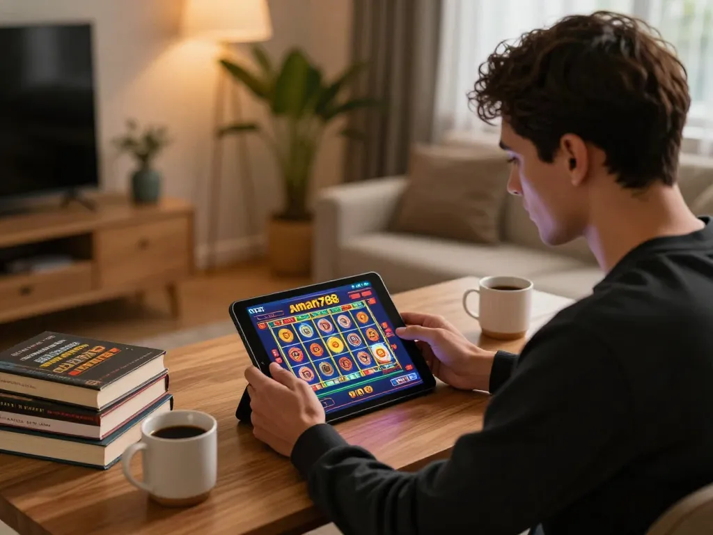 Terlibat dalam permainan aman788 slot online di rumah dengan antarmuka tablet dan suasana yang nyaman.