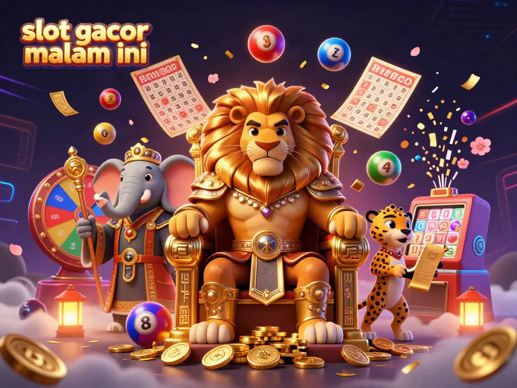 Experience the thrill of slot gacor malam ini with vibrant casino elements featuring a lion king, an elephant advisor, and a cheetah messenger.