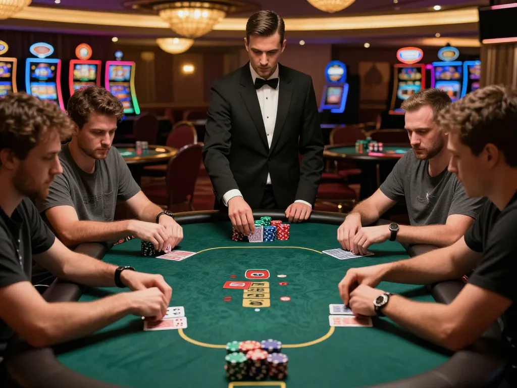 Pemain yang terlibat menganalisis kartu dan chip di meja poker Kenzototo di kasino mewah