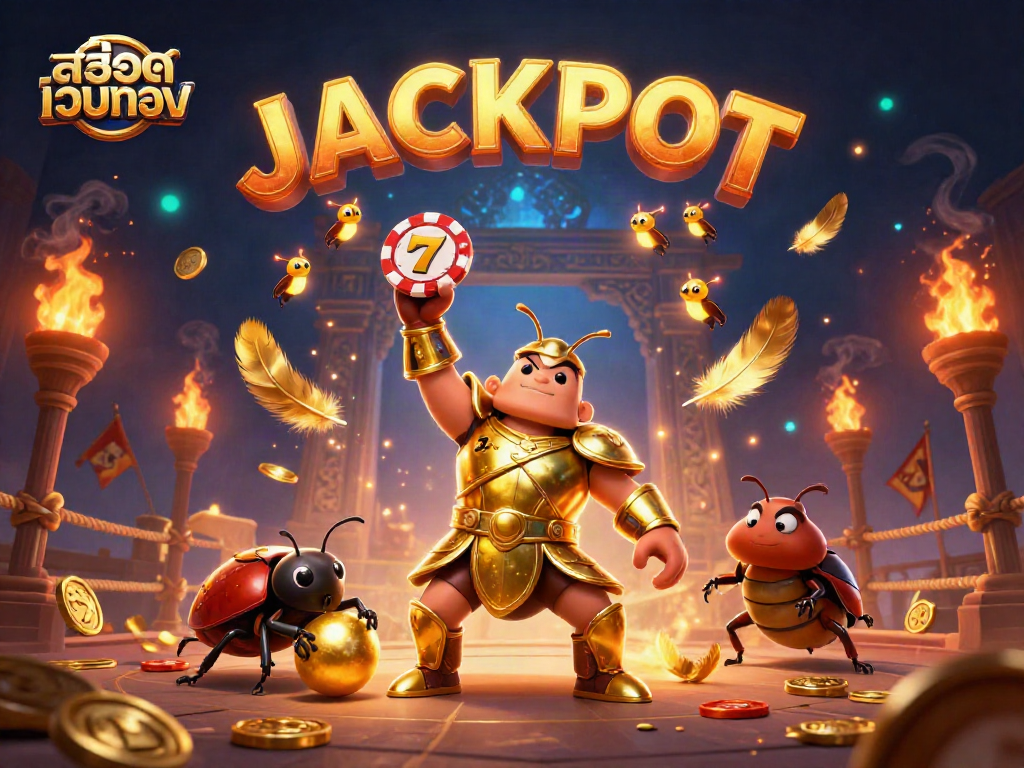 Play สล็อตเว็บตรง with a lucky cartoon beetle duo celebrating a big win in a dynamic casino setting.