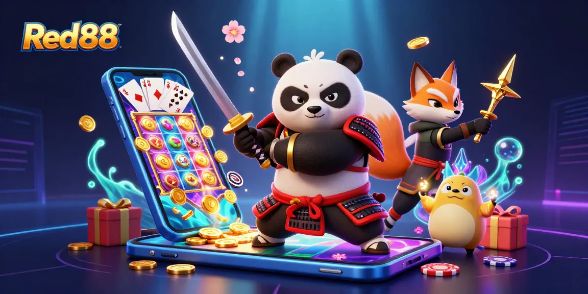 Join the action at Red88 with a samurai panda and ninja fox amidst vibrant casino elements.