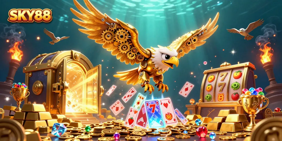 Experience thrilling slots action with SKY88's golden eagle amidst stunning jackpot visuals.