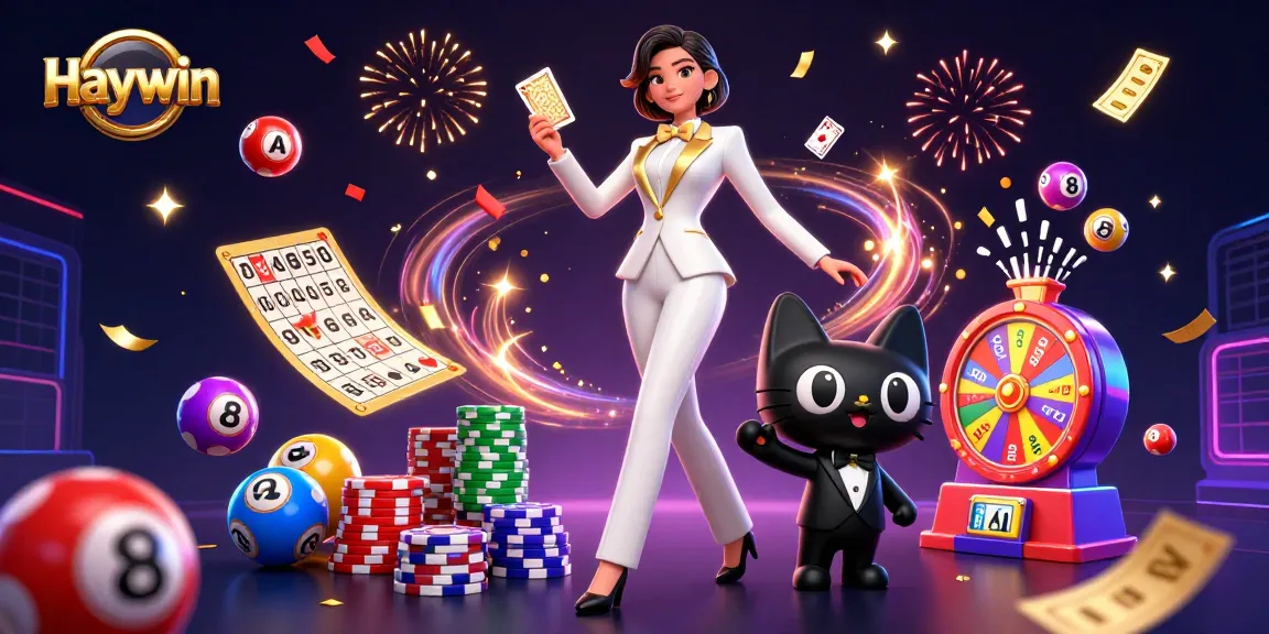 Engage with Haywin’s exciting games featuring a glamorous dealer, poker chips, and lottery elements.