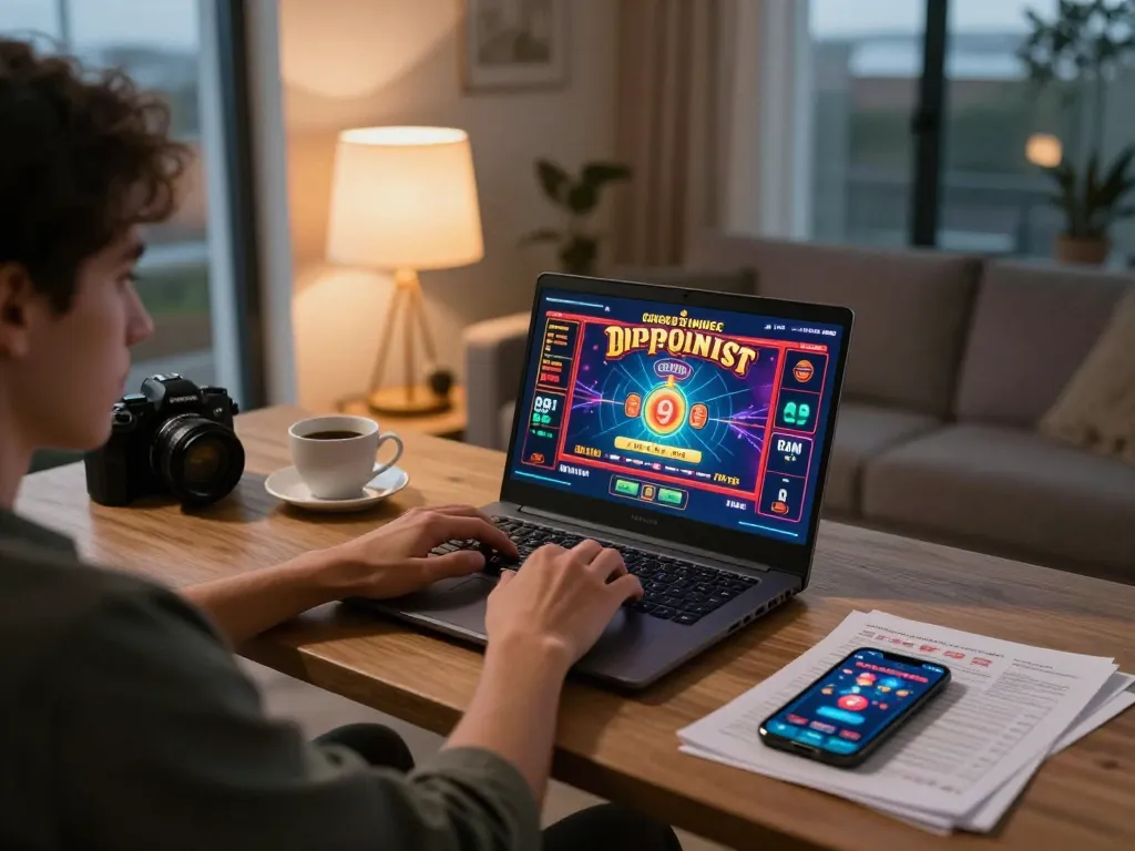 Engaging with cm 88 on a laptop for online casino gaming in a cozy living room setting.