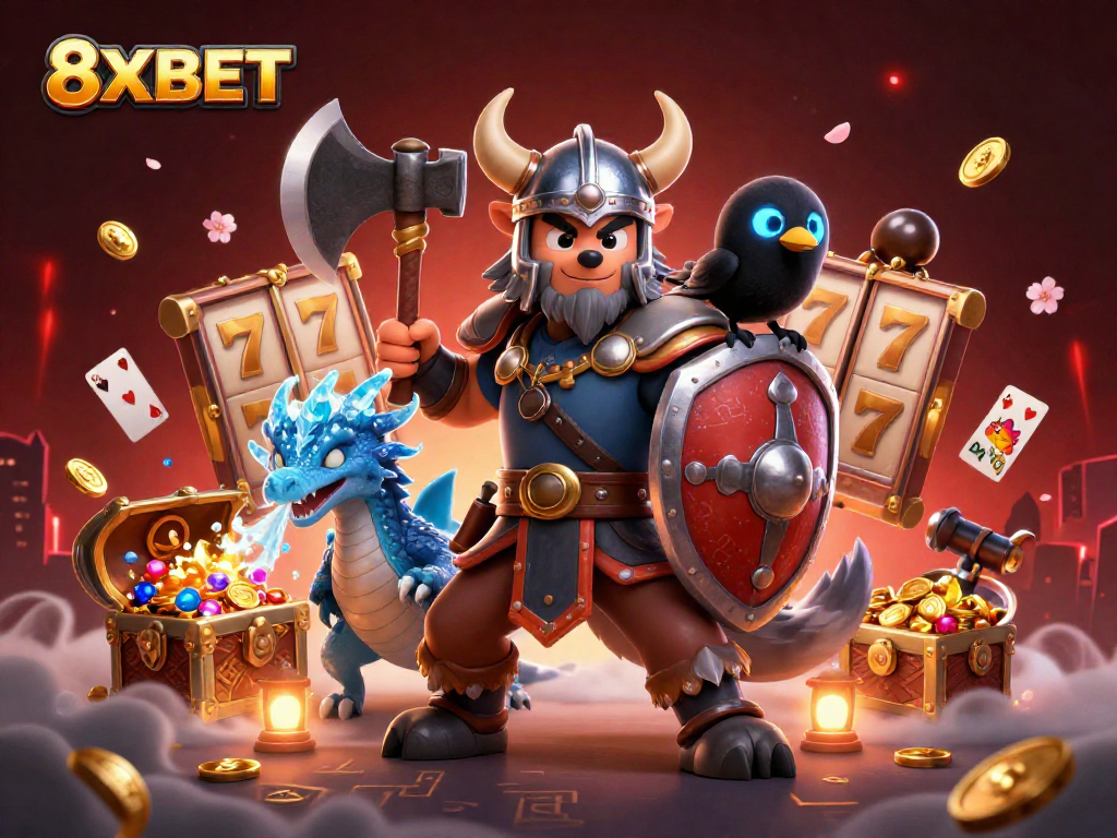 Experience thrilling gameplay with 8XBET's exciting online slots and dynamic casino elements in vibrant 3D art.