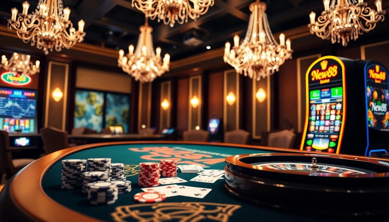 Engage in thrilling gameplay with New88's vibrant casino atmosphere featuring poker and slot games.