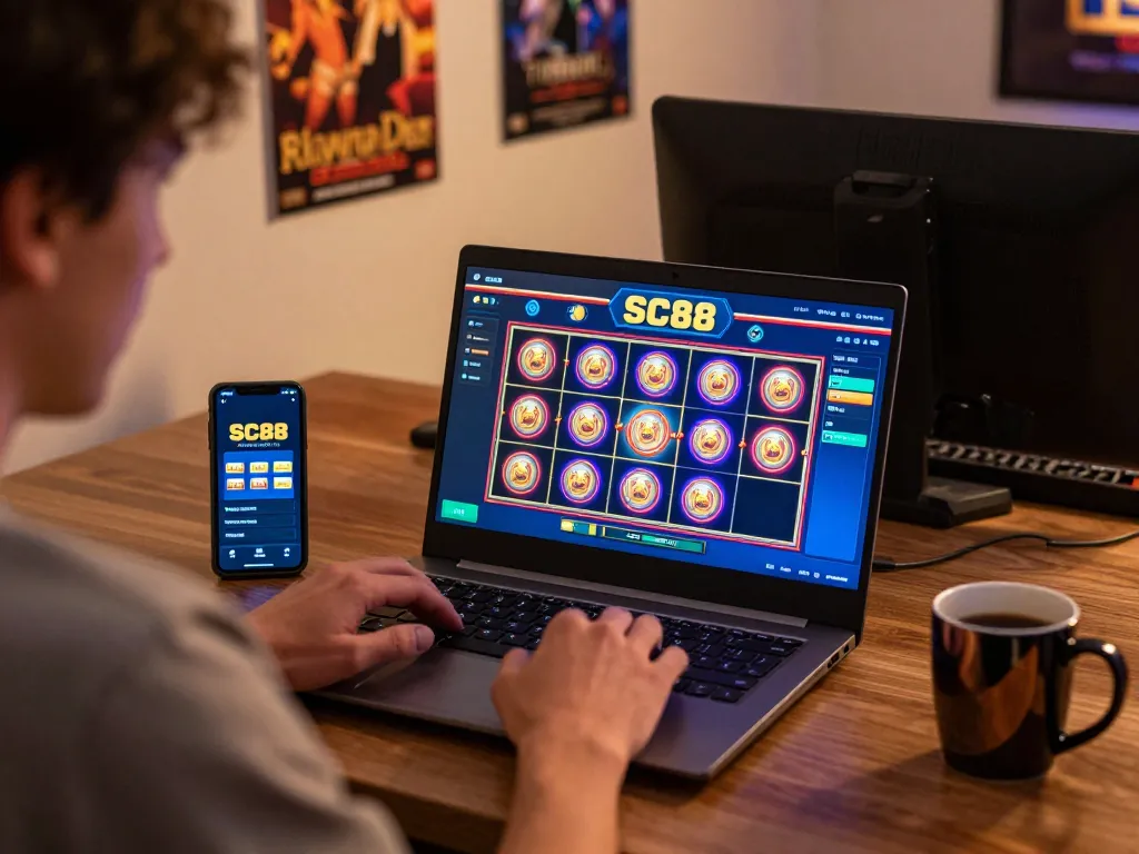 Engaging player enjoying SC88 online slot games at home with a laptop and smartphone.