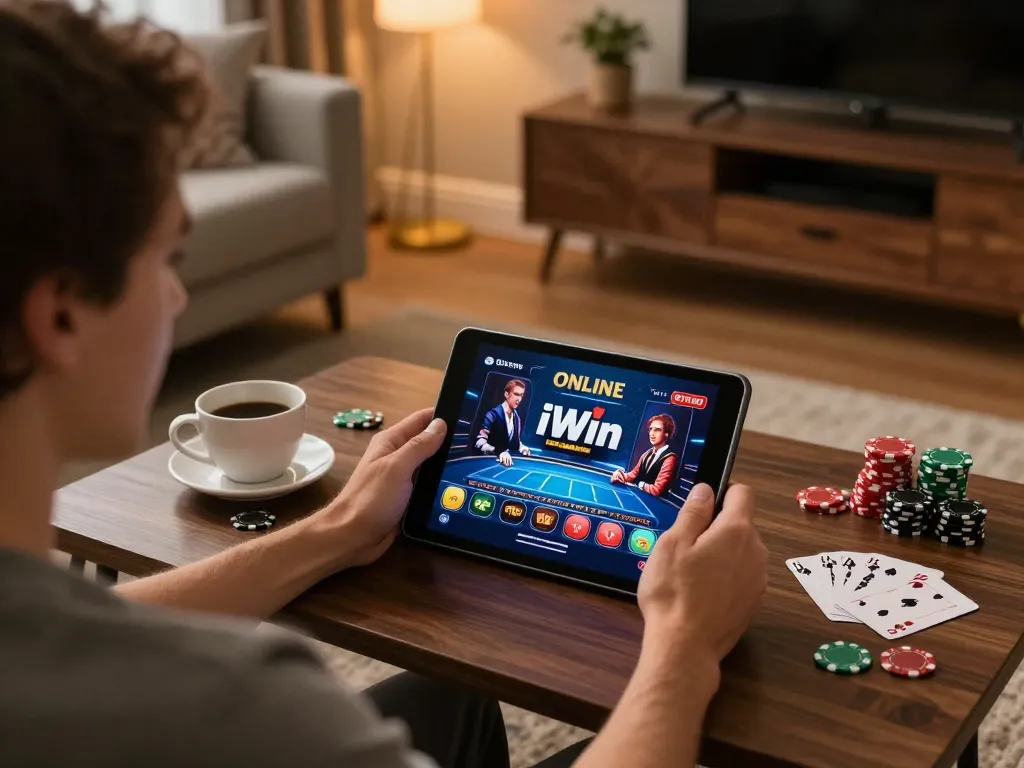 Engaging with the iWin online casino on a tablet in a cozy home setup.