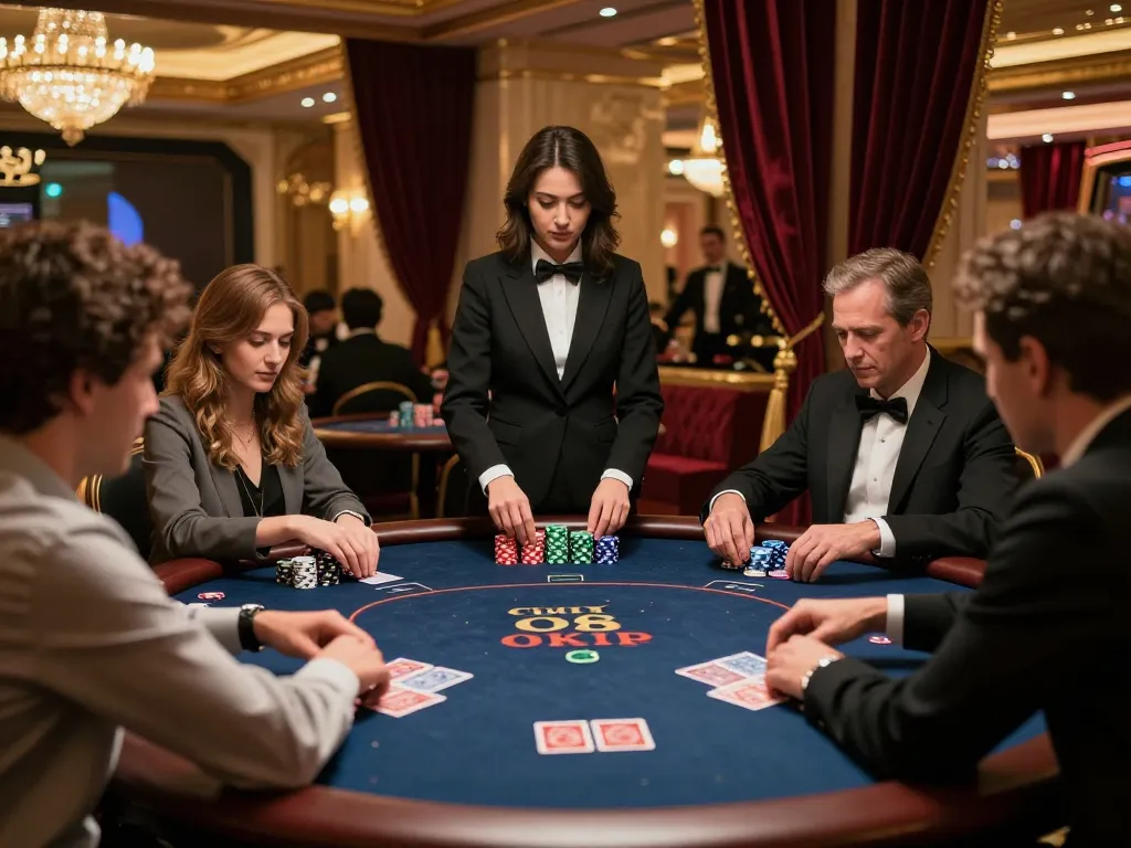 Players strategizing poker at cm88 okvip's exclusive table in an upscale casino