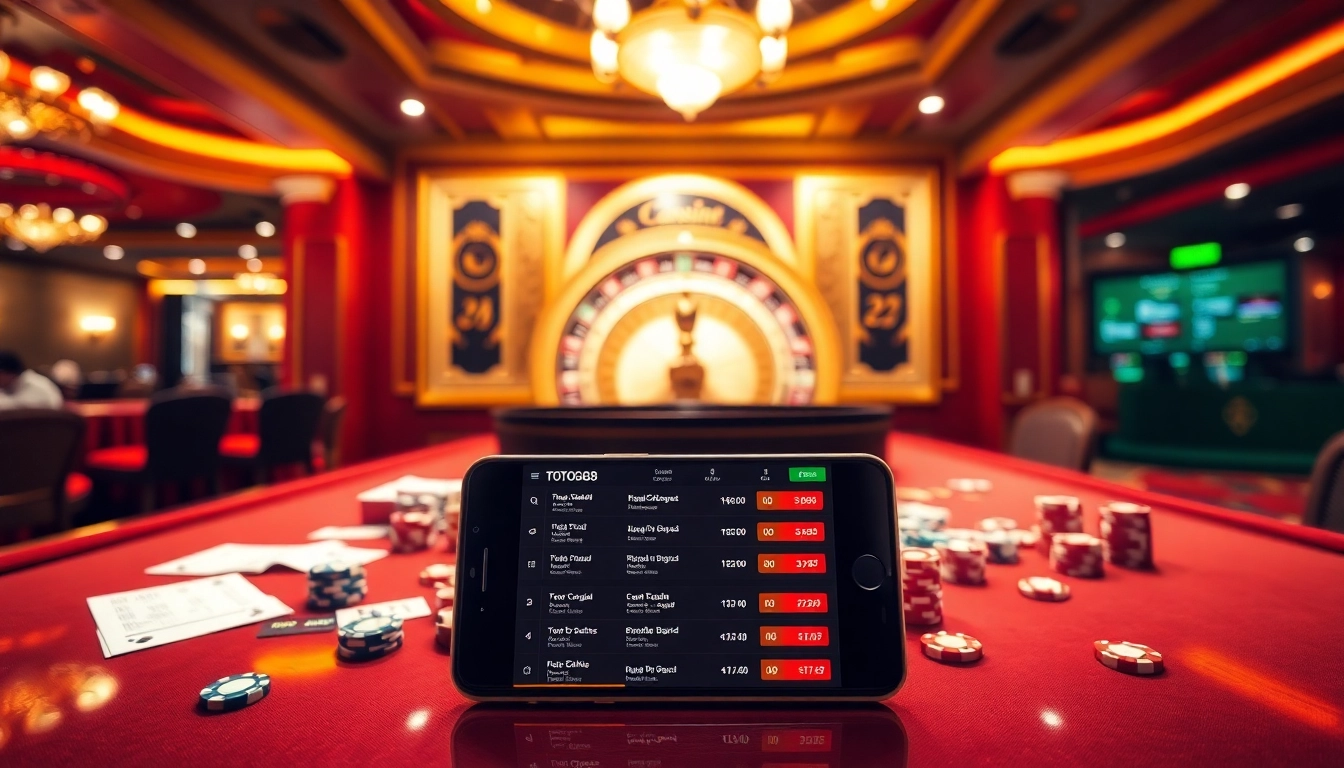 Experience the excitement of TOTOGG88 with a vibrant casino scene showcasing betting action and online gameplay.