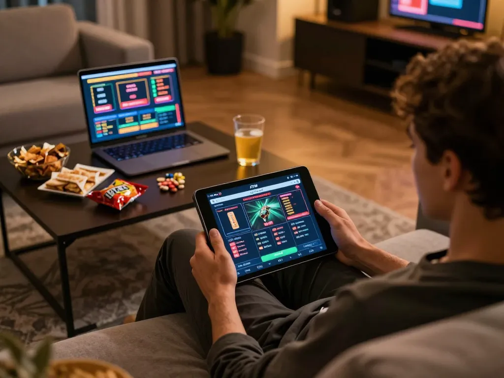 F168 user engaging with online casino platform while enjoying a cozy home gaming atmosphere.