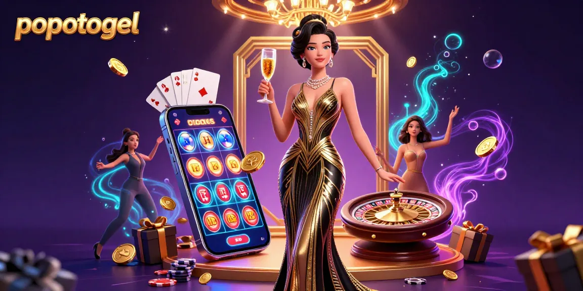 Experience the thrill of popotogel with a glamorous casino scene featuring an elegant woman and exciting game elements.