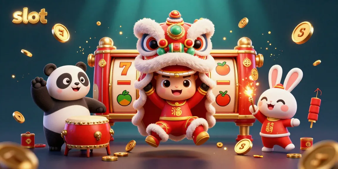 Experience exciting slot action with a vibrant lion dance and winning symbols in a lively casino scene.