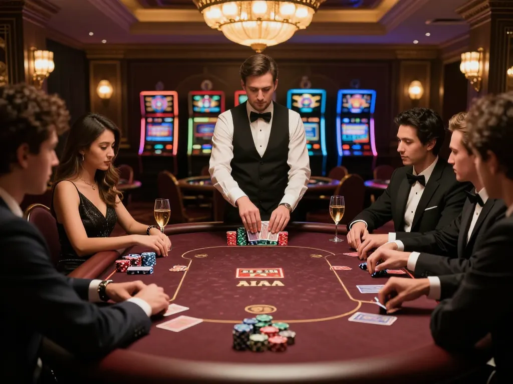 Players engaging at a high-stakes poker table featuring XX88 chips in a luxurious casino
