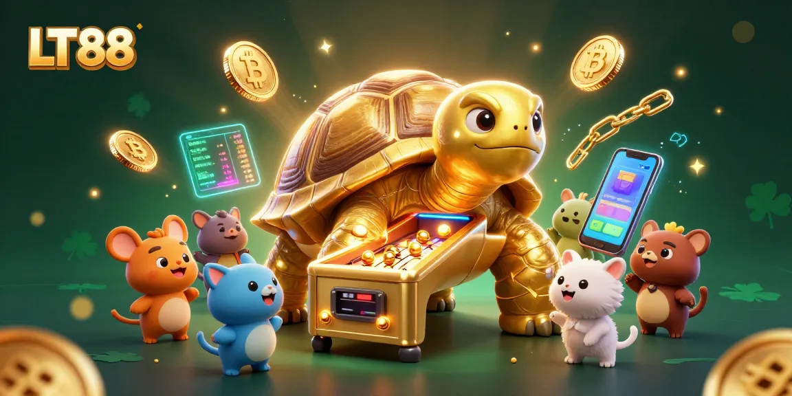 Spin and win at LT88 with a golden tortoise pinball machine amidst glittering cryptocurrency details.